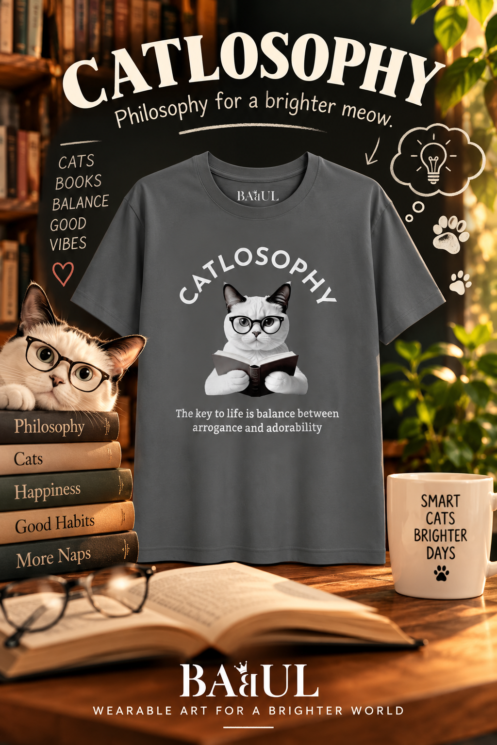 CATLOSOPHY reading cat graphic T-shirt